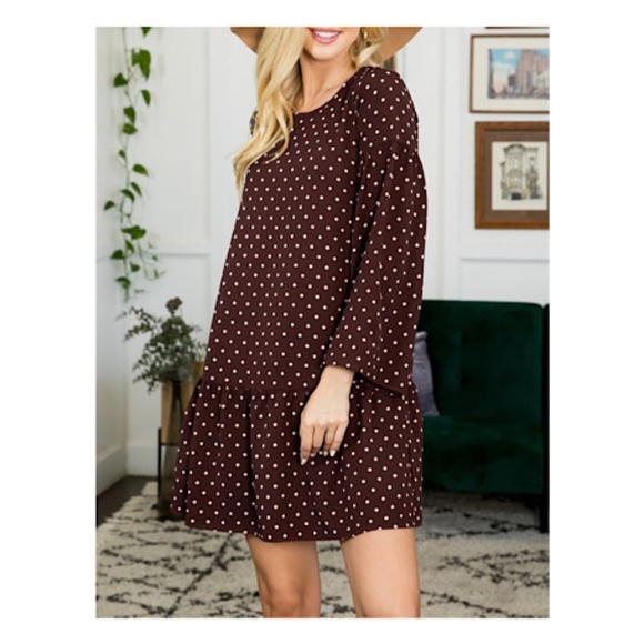 NWOT Women's Brown White Polkadots Long Flare Sleeves Mini dress with Pockets - Picture 2 of 8
